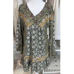 Skies Are Blue Women's Size S Green Floral Peasant Boho Tunic Blouse Dress #0497